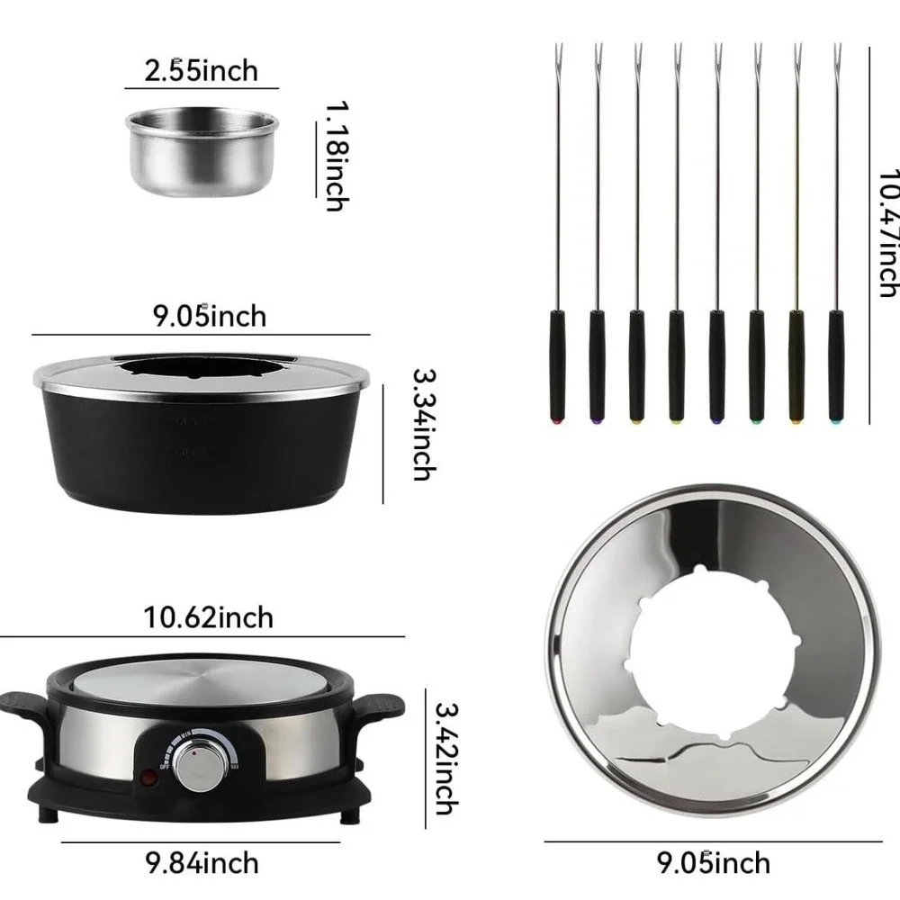 Gadamerlum Electric Fondue Pot Set 2L 1300W Black Cheese Chocolate 8 Forks Party